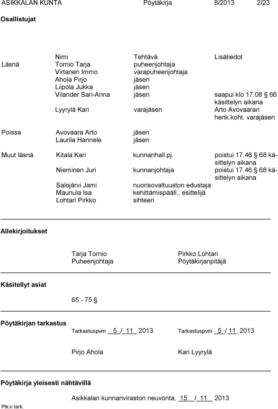 poistui 17.46 68 käsittelyn aikana Nieminen Juri kunnanjohtaja poistui 17.46 68 käsittelyn aikana Salojärvi Jami nuorisovaltuuston edustaja Maunula Isa kehittämispääll.