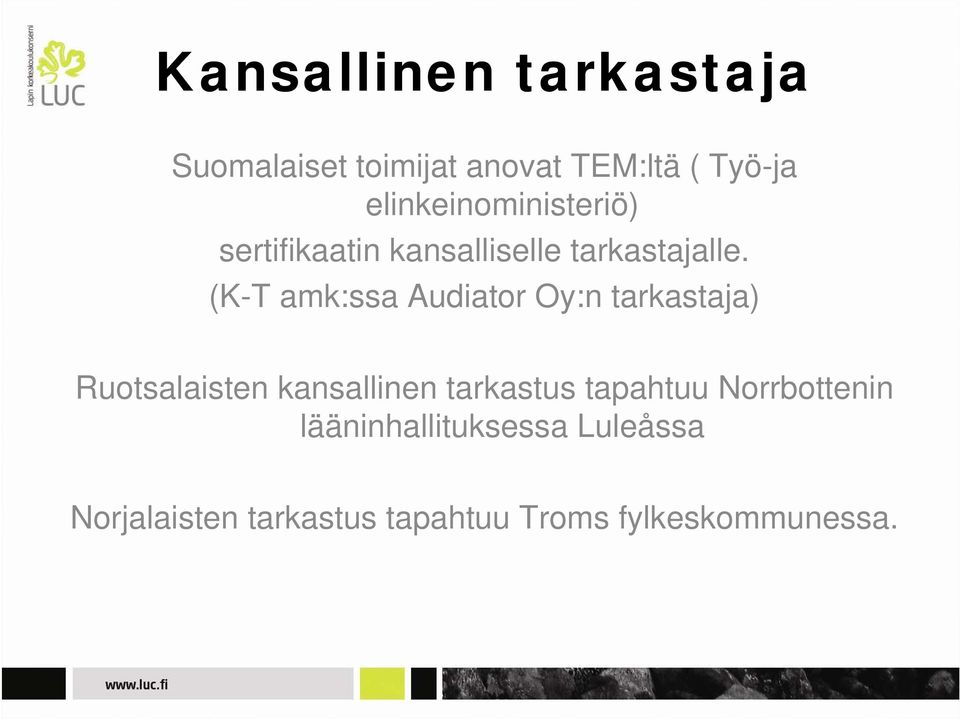 (K-T amk:ssa Audiator Oy:n tarkastaja) Ruotsalaisten kansallinen tarkastus