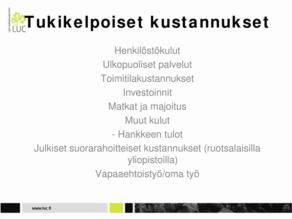 majoitus Muut kulut - Hankkeen tulot Julkiset