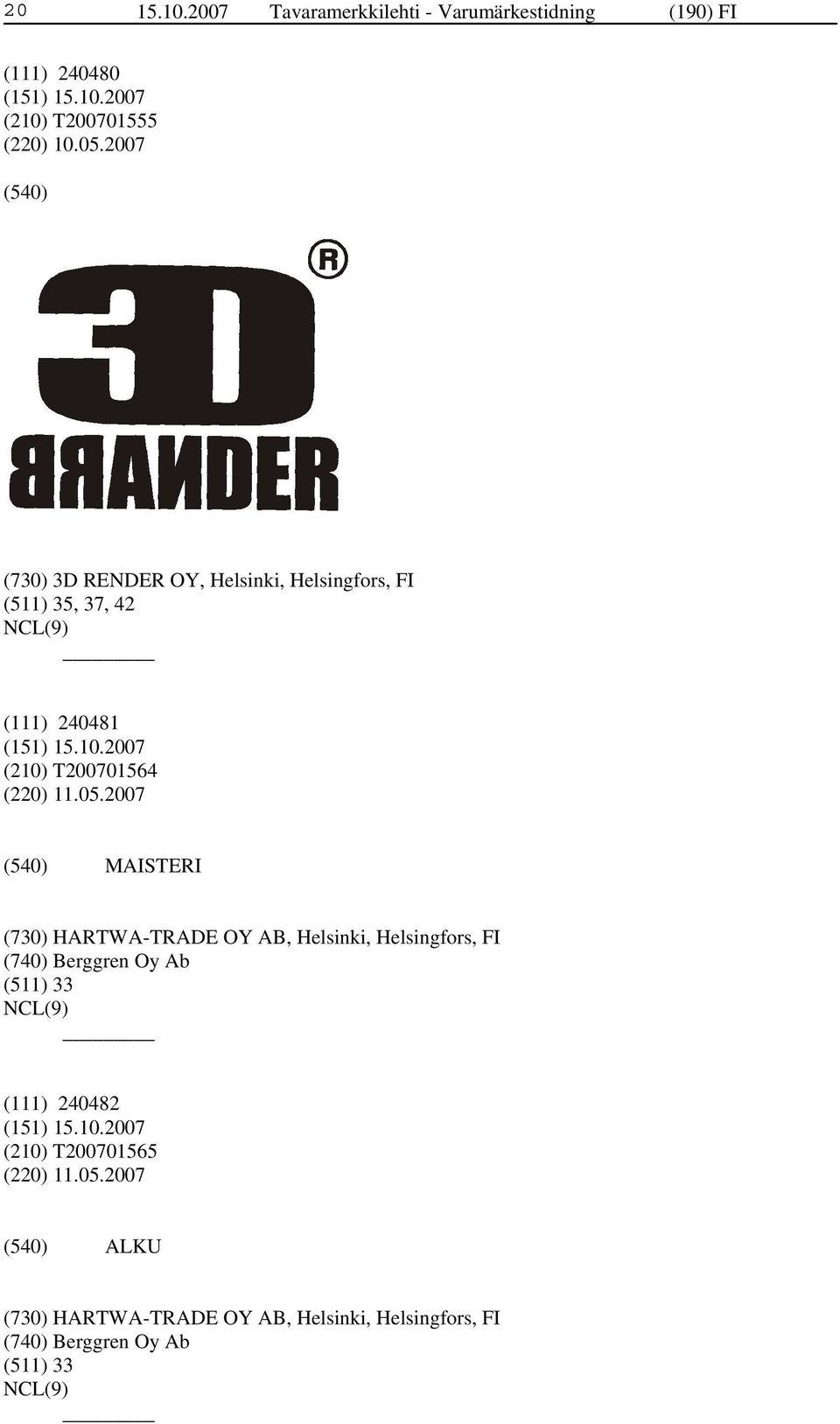2007 MAISTERI (730) HARTWA-TRADE OY AB, Helsinki, Helsingfors, FI (740) Berggren Oy Ab (511) 33 (111) 240482