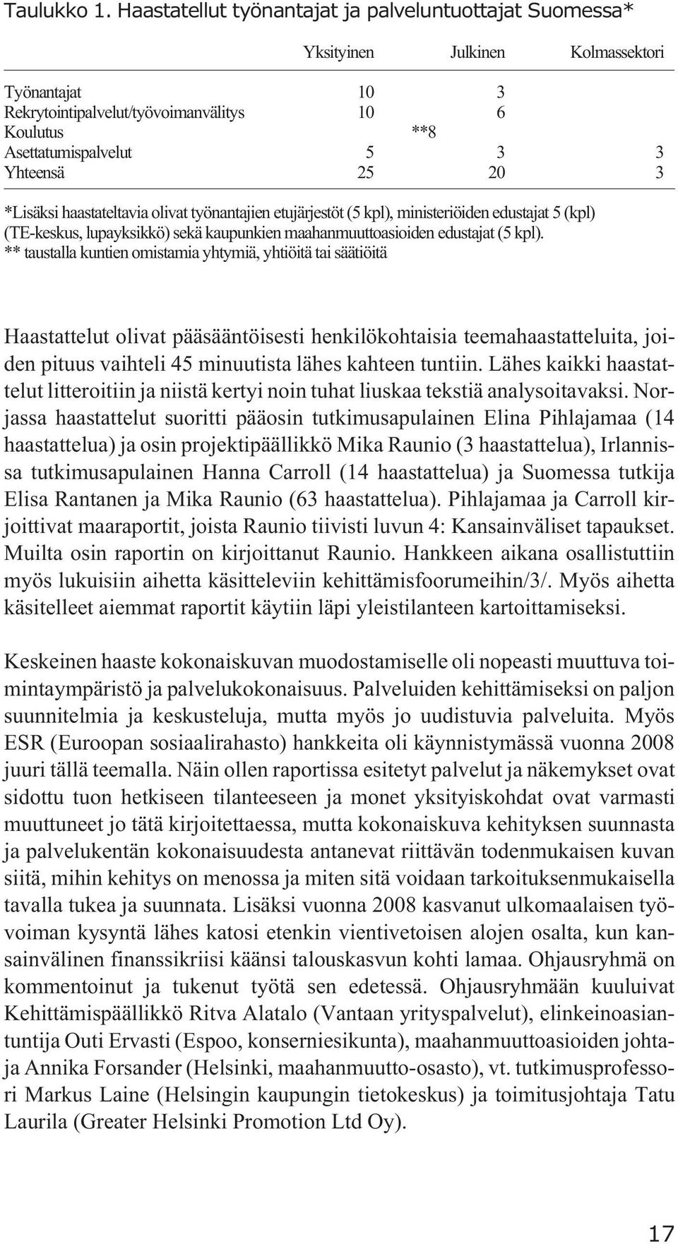 20 3 *Lisäksi haastateltavia olivat työnantajien etujärjestöt (5 kpl), ministeriöiden edustajat 5 (kpl) (TE-keskus, lupayksikkö) sekä kaupunkien maahanmuuttoasioiden edustajat (5 kpl).