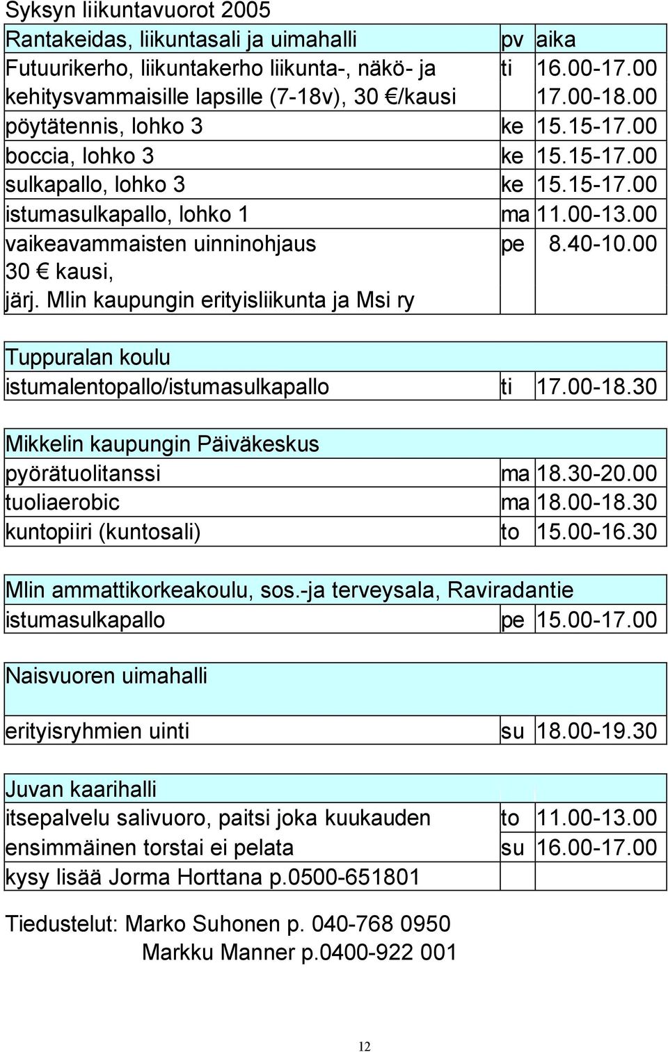 00 30 kausi, järj. Mlin kaupungin erityisliikunta ja Msi ry Tuppuralan koulu istumalentopallo/istumasulkapallo ti 17.00-18.30 Mikkelin kaupungin Päiväkeskus pyörätuolitanssi ma 18.30-20.