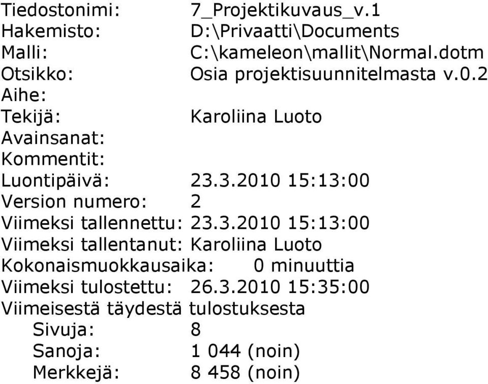 3.2010 15:13:00 Version numero: 2 Viimeksi tallennettu: 23.3.2010 15:13:00 Viimeksi tallentanut: Karoliina Luoto Kokonaismuokkausaika: 0 minuuttia Viimeksi tulostettu: 26.