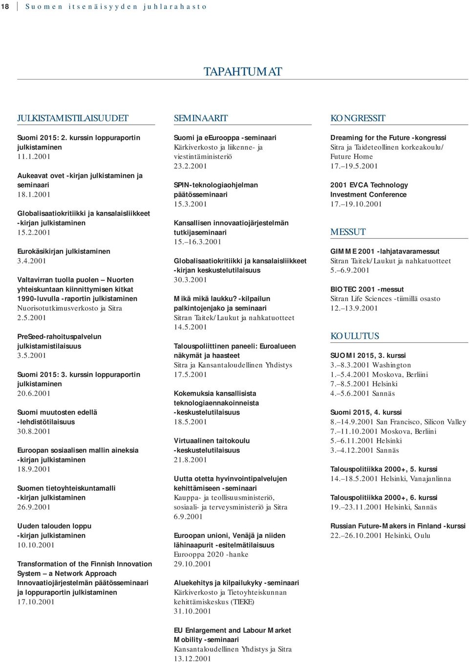 2001 PreSeed-rahoituspalvelun julkistamistilaisuus 3.5.2001 Suomi 2015: 3. kurssin loppuraportin julkistaminen 20.6.2001 Suomi muutosten edellä -lehdistötilaisuus 30.8.