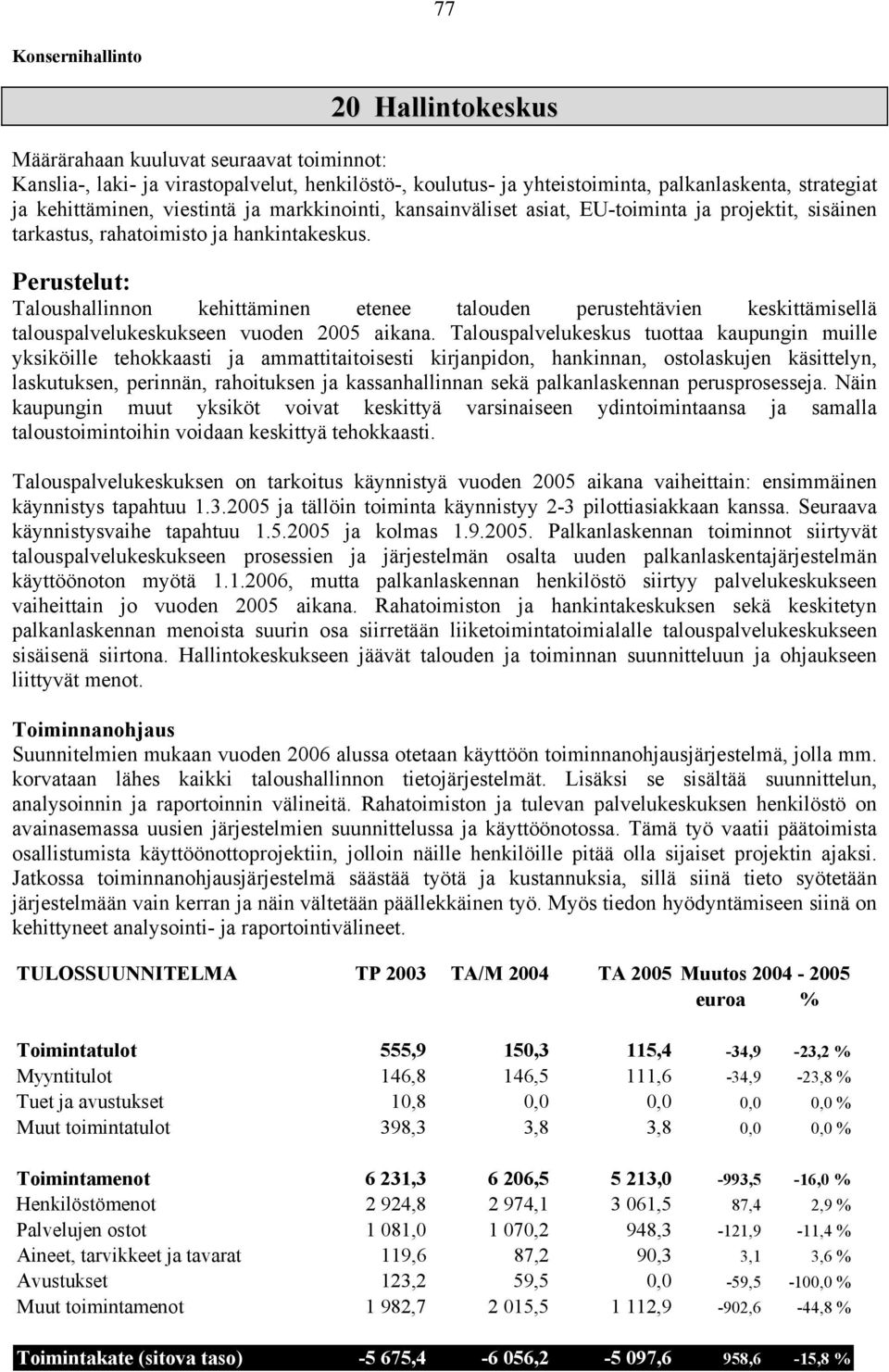 Perustelut: Taloushallinnon kehittäminen etenee talouden perustehtävien keskittämisellä talouspalvelukeskukseen vuoden 2005 aikana.