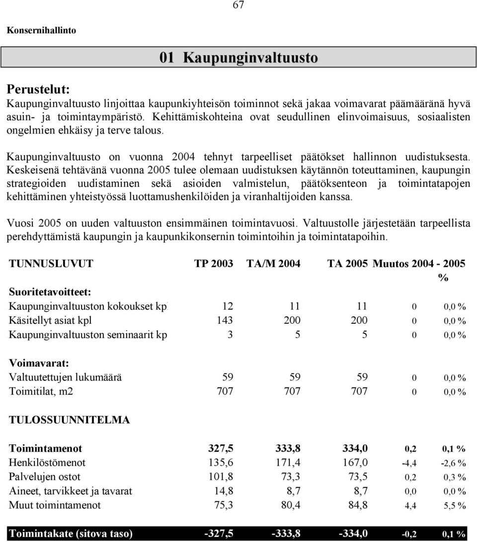 Keskeisenä tehtävänä vuonna 2005 tulee olemaan uudistuksen käytännön toteuttaminen, kaupungin strategioiden uudistaminen sekä asioiden valmistelun, päätöksenteon ja toimintatapojen kehittäminen