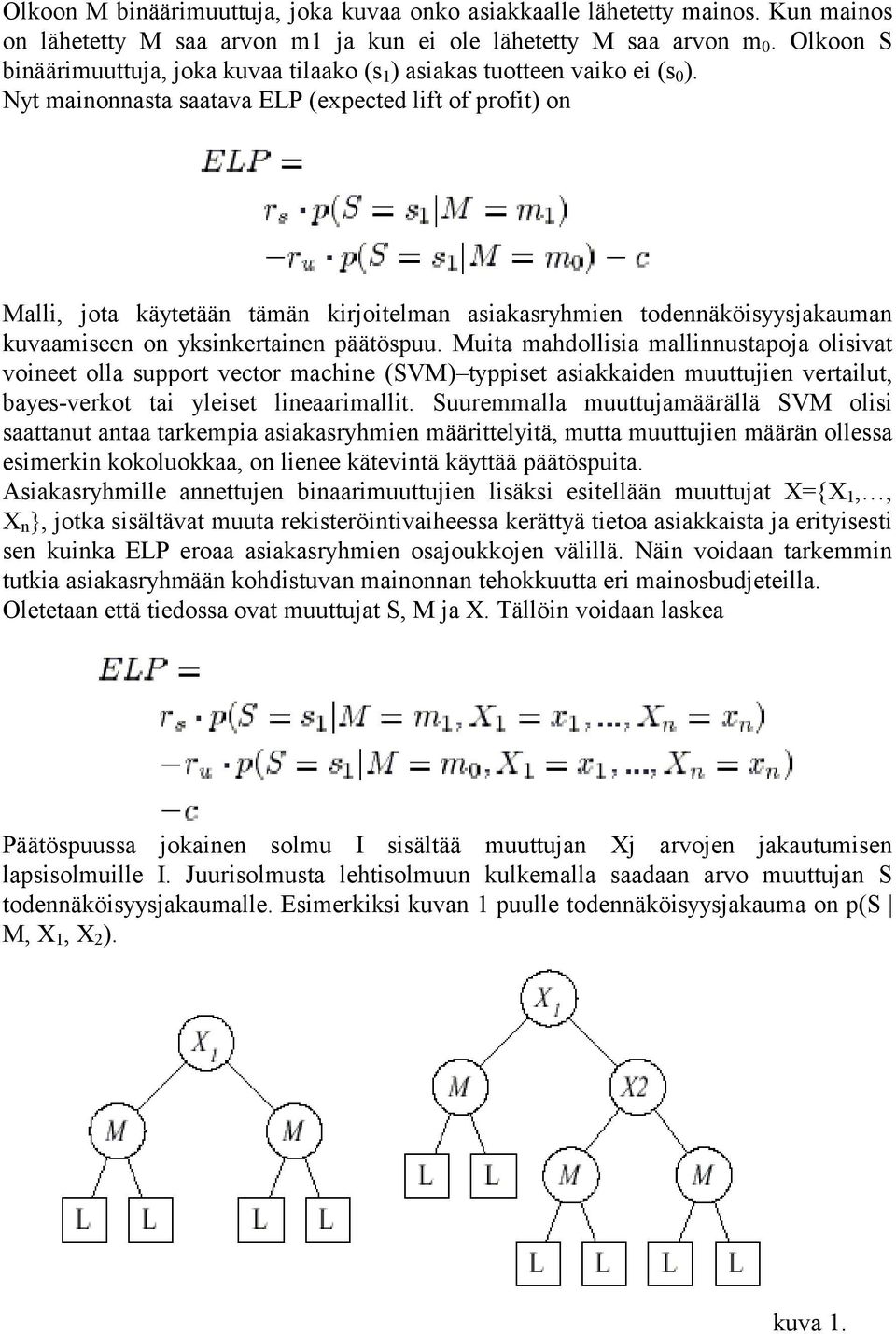 Nyt mainonnasta saatava ELP (expected lift of profit) on Malli, jota käytetään tämän kirjoitelman asiakasryhmien todennäköisyysjakauman kuvaamiseen on yksinkertainen päätöspuu.