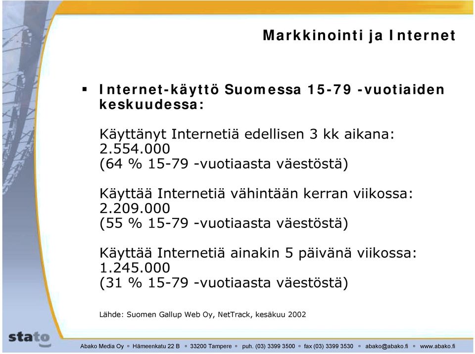 000 (64 % 15-79 -vuotiaasta väestöstä) Käyttää Internetiä vähintään kerran viikossa: 2.209.