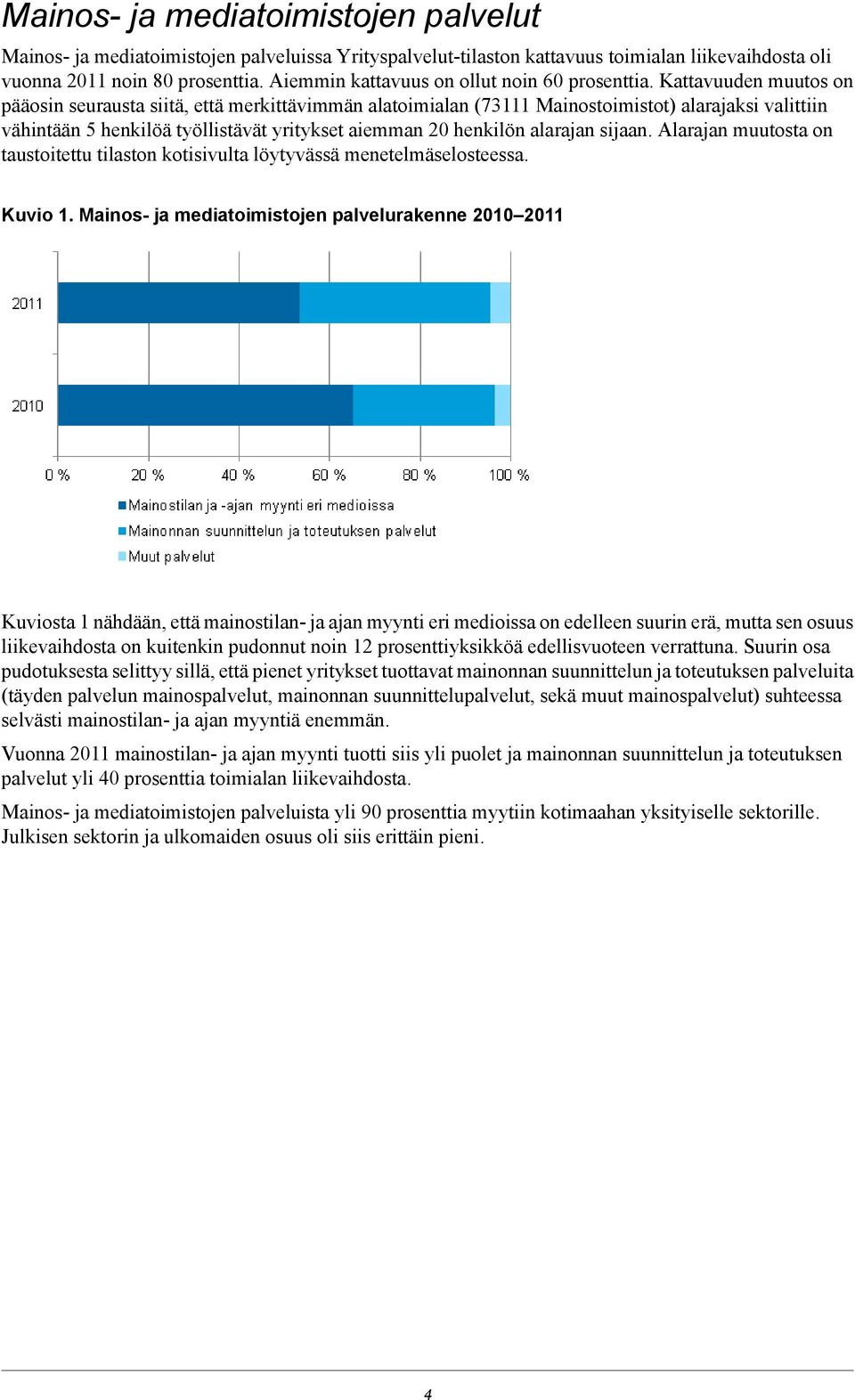 Kattavuuden muutos on pääosin seurausta siitä, että merkittävimmän alatoimialan (3111 Mainostoimistot) alarajaksi valittiin vähintään 5 henkilöä työllistävät yritykset aiemman 20 henkilön alarajan