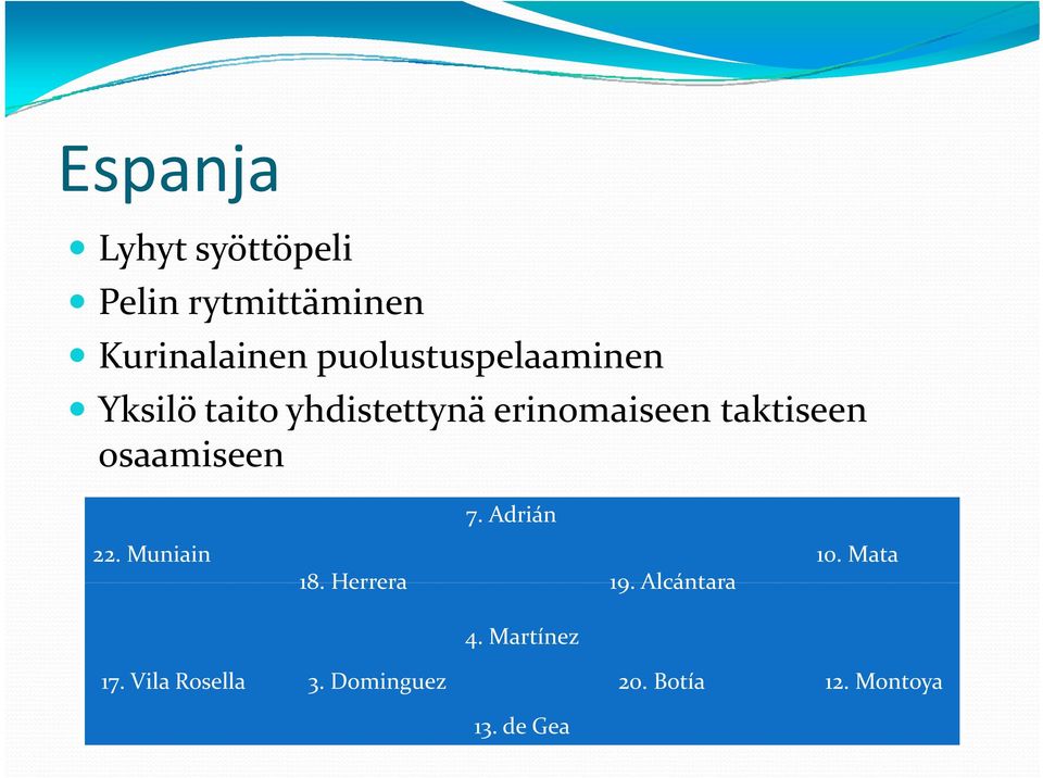 osaamiseen 7. Adrián 22. Muniain 10. Mata 18. Herrera 19.