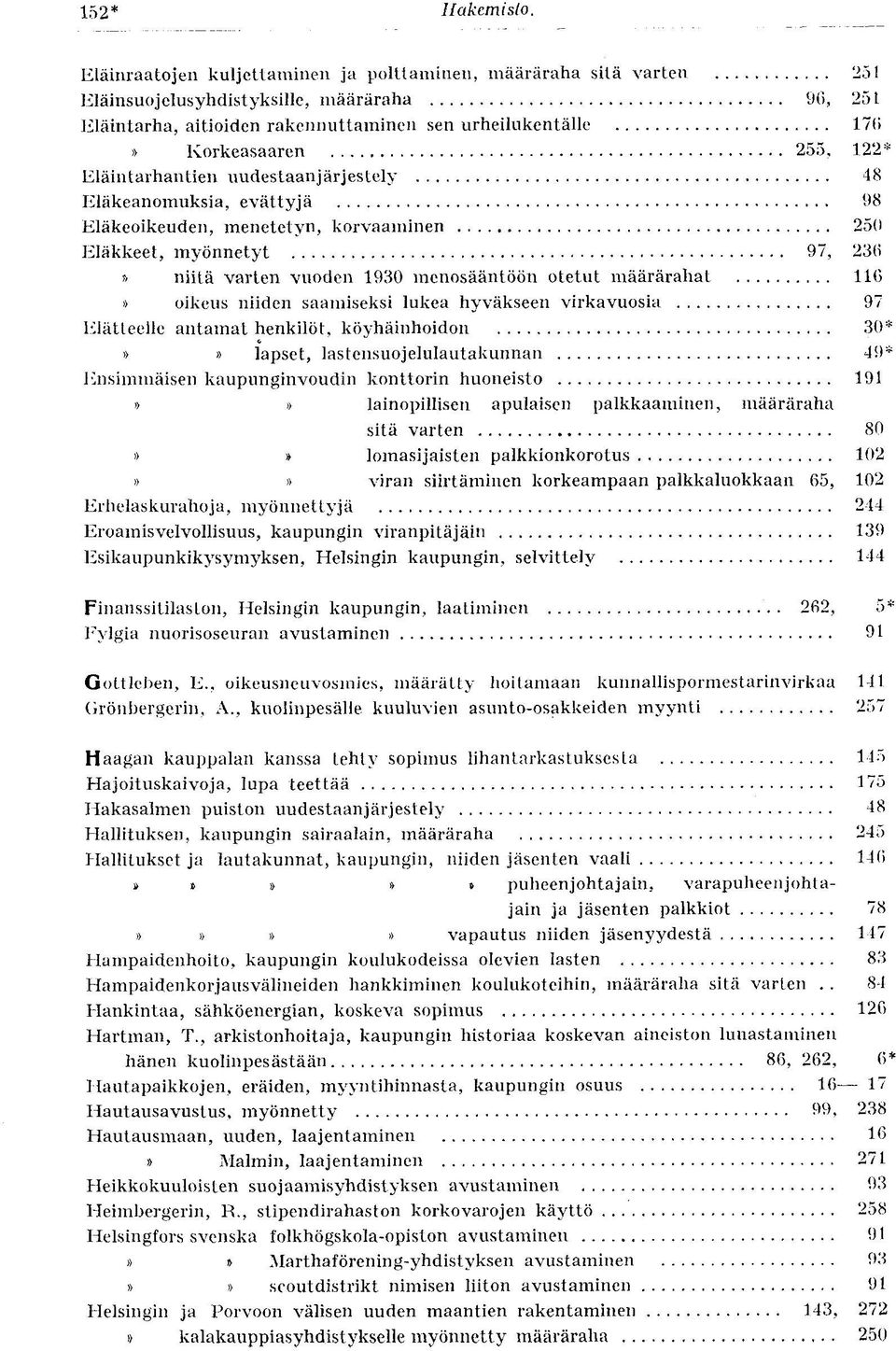 122* Eläintarhantien uudestaanjärjestely 48 Eläkeanomuksia, evättyjä 98 Eläkeoikeuden, menetetyn, korvaaminen 250 Eläkkeet, myönnetyt 97, 236» niitä varten vuoden 1930 menosääntöön otetut määrärahat