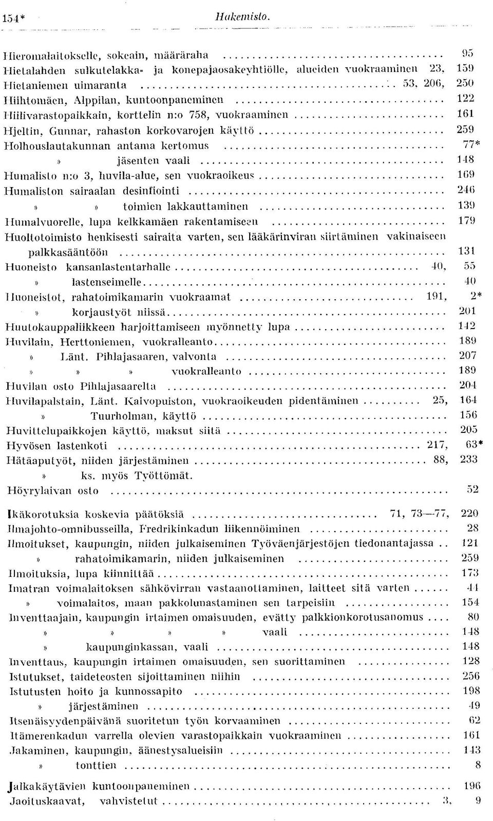 V12 Iliilivarastopaikkain, korttelin nro 758, vuokraaminen 161 Hjeitin, Gunnar, rahaston korkovarojen käyttö 259 Holhouslautakunnan antama kertomus 77*» jäsenten vaali 148 Humalisto n:o 3,