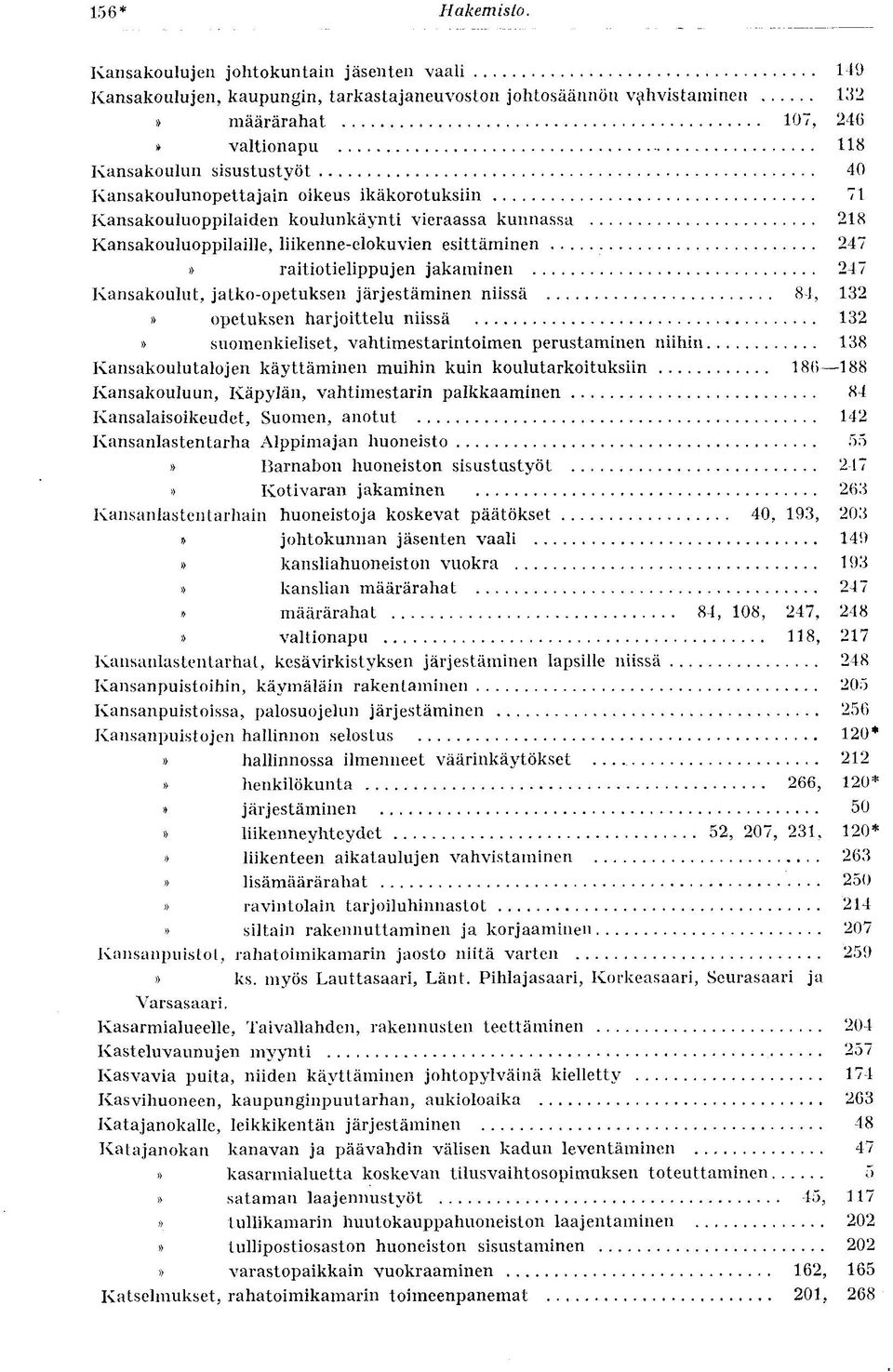 Kansakoulunopettajat oikeus ikäkorotuksiin 71 Kansakouluoppilaiden koulunkäynti vieraassa kunnassa 218 Kansakouluoppilaille, liikenne-elokuvien esittäminen 247» raitiotielippujen jakaminen 247