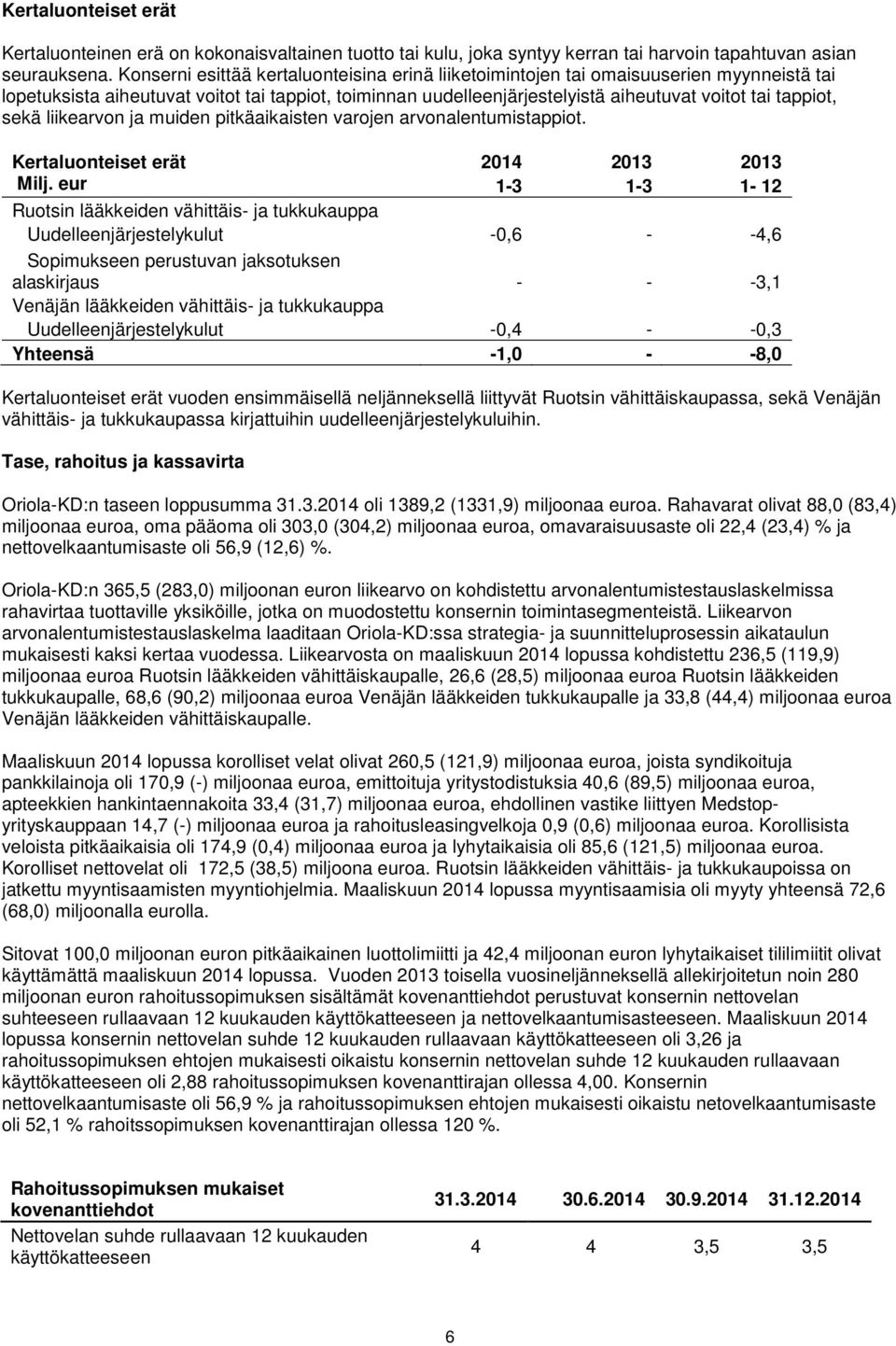 sekä liikearvon ja muiden pitkäaikaisten varojen arvonalentumistappiot. Kertaluonteiset erät 2014 2013 2013 Milj.