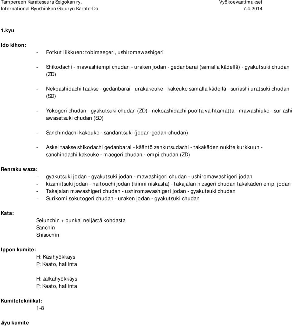 kakeuke - sandantsuki (jodan-gedan-chudan) - Askel taakse shikodachi gedanbarai - kääntö zenkutsudachi - takakäden nukite kurkkuun - sanchindachi kakeuke - maegeri chudan - empi chudan (ZD) -