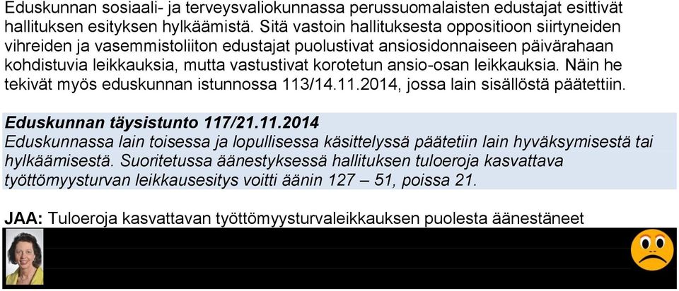 ansio-osan leikkauksia. Näin he tekivät myös eduskunnan istunnossa 113/14.11.2014, jossa lain sisällöstä päätettiin. Eduskunnan täysistunto 117/21.11.2014 Eduskunnassa lain toisessa ja lopullisessa käsittelyssä päätetiin lain hyväksymisestä tai hylkäämisestä.