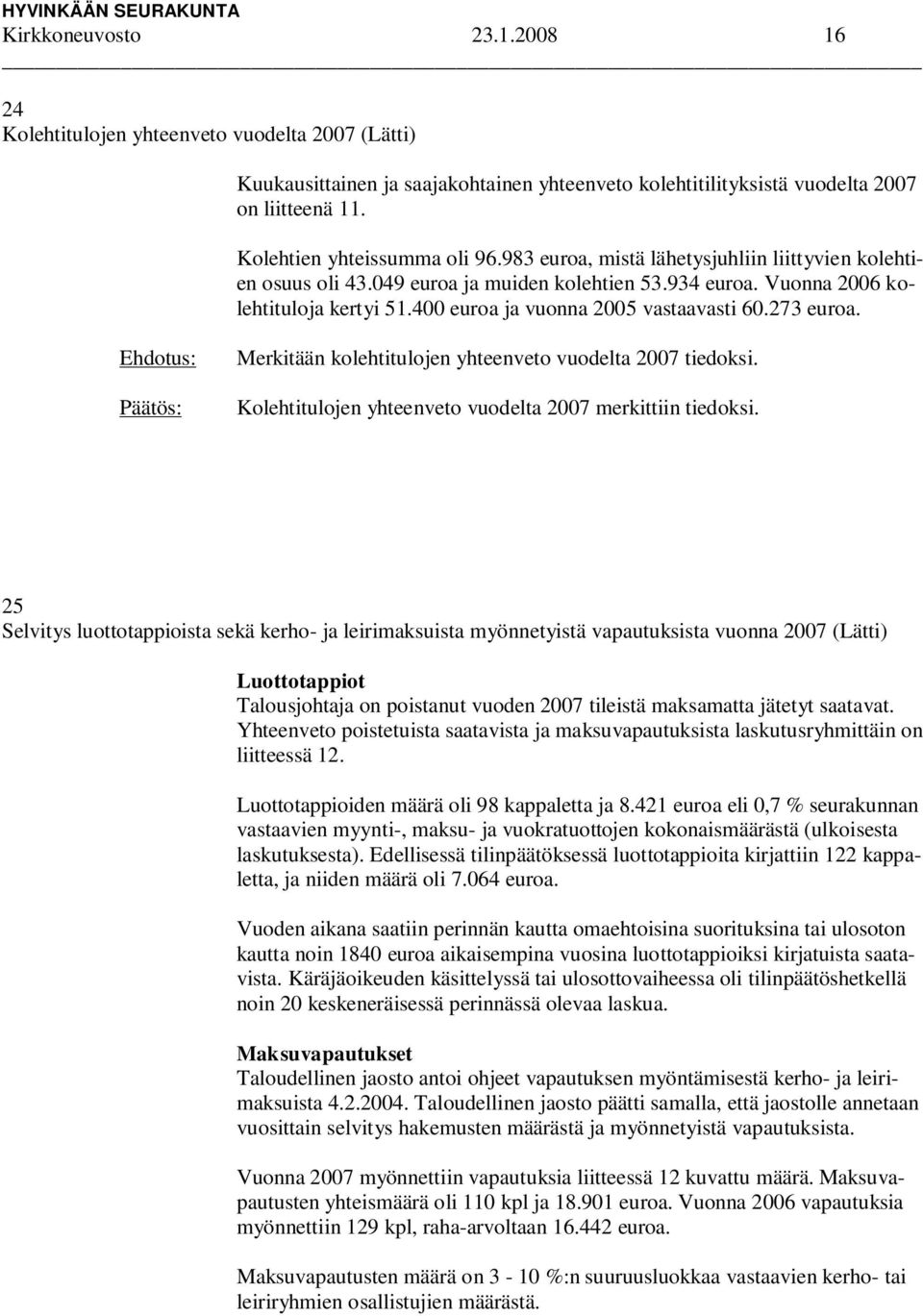 400 euroa ja vuonna 2005 vastaavasti 60.273 euroa. Merkitään kolehtitulojen yhteenveto vuodelta 2007 tiedoksi. Kolehtitulojen yhteenveto vuodelta 2007 merkittiin tiedoksi.