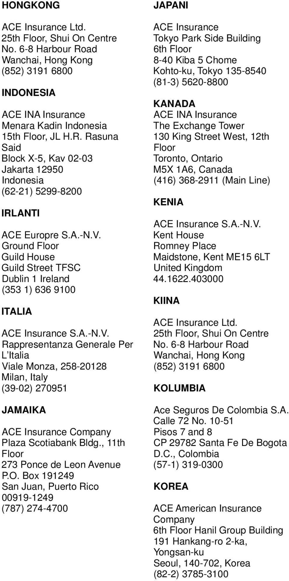 Ground Floor Guild House Guild Street TFSC Dublin 1 Ireland (353 1) 636 9100 ITALIA Rappresentanza Generale Per L Italia Viale Monza, 258-20128 Milan, Italy (39-02) 270951 JAMAIKA ACE Insurance