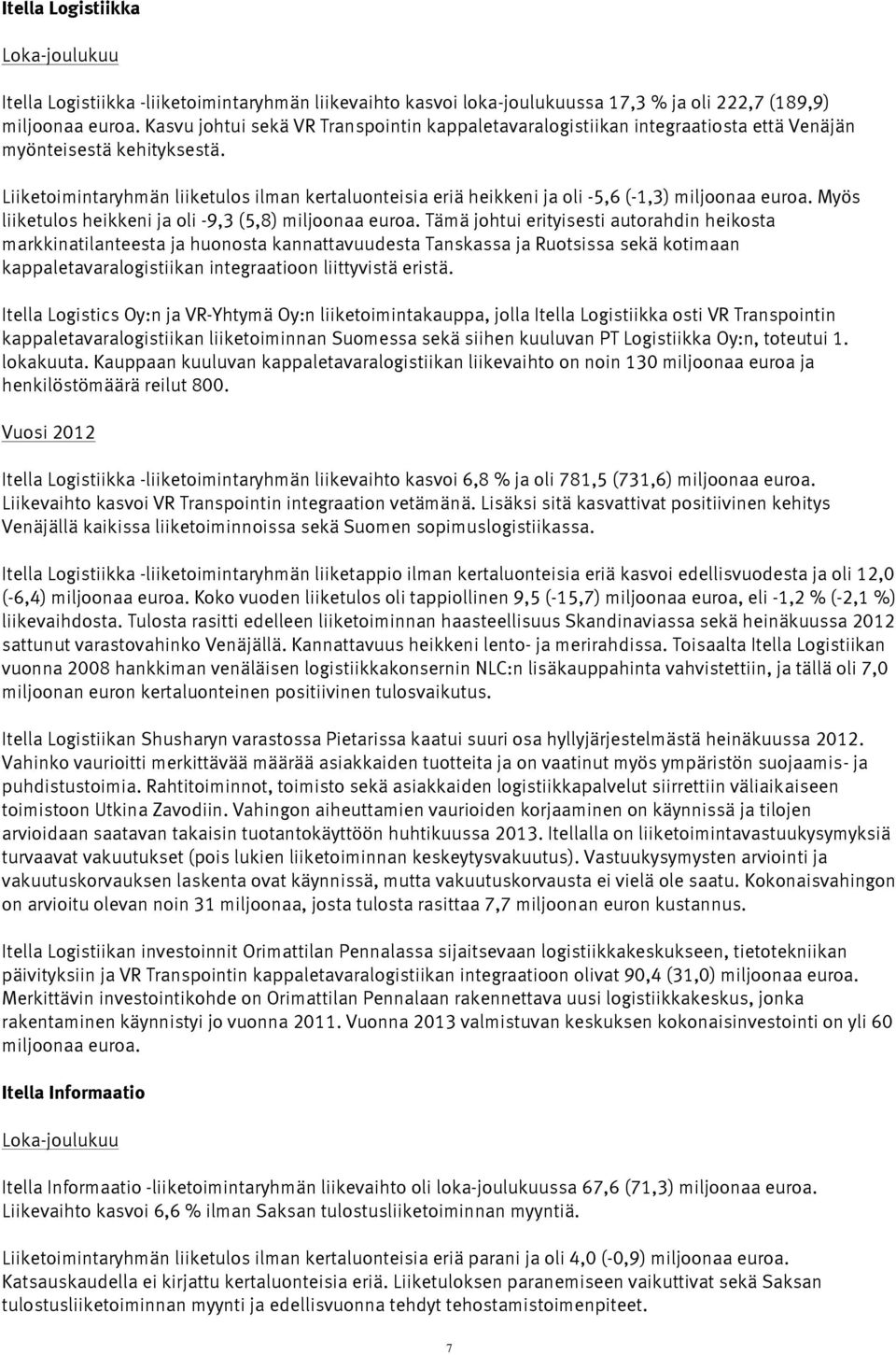 Liiketoimintaryhmän liiketulos ilman kertaluonteisia eriä heikkeni ja oli -5,6 (-1,3) miljoonaa euroa. Myös liiketulos heikkeni ja oli -9,3 (5,8) miljoonaa euroa.