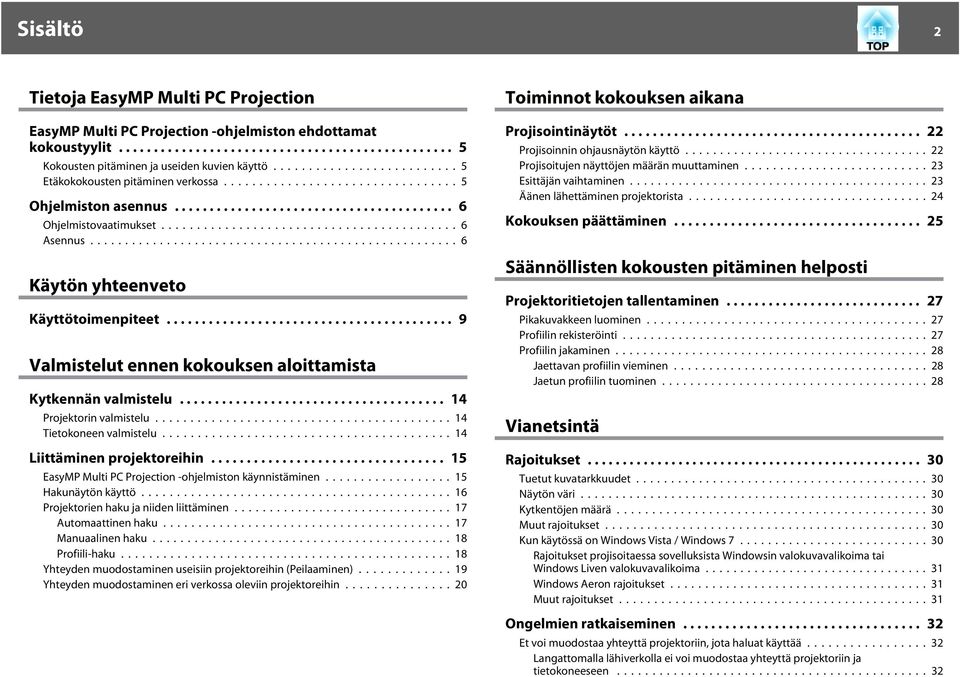 ..14 Tietokoneen vlmistelu...14 Liittäminen projektoreihin... 15 EsyMP Multi PC Projection -ohjelmiston käynnistäminen...15 Hkunäytön käyttö...16 Projektorien hku j niiden liittäminen.