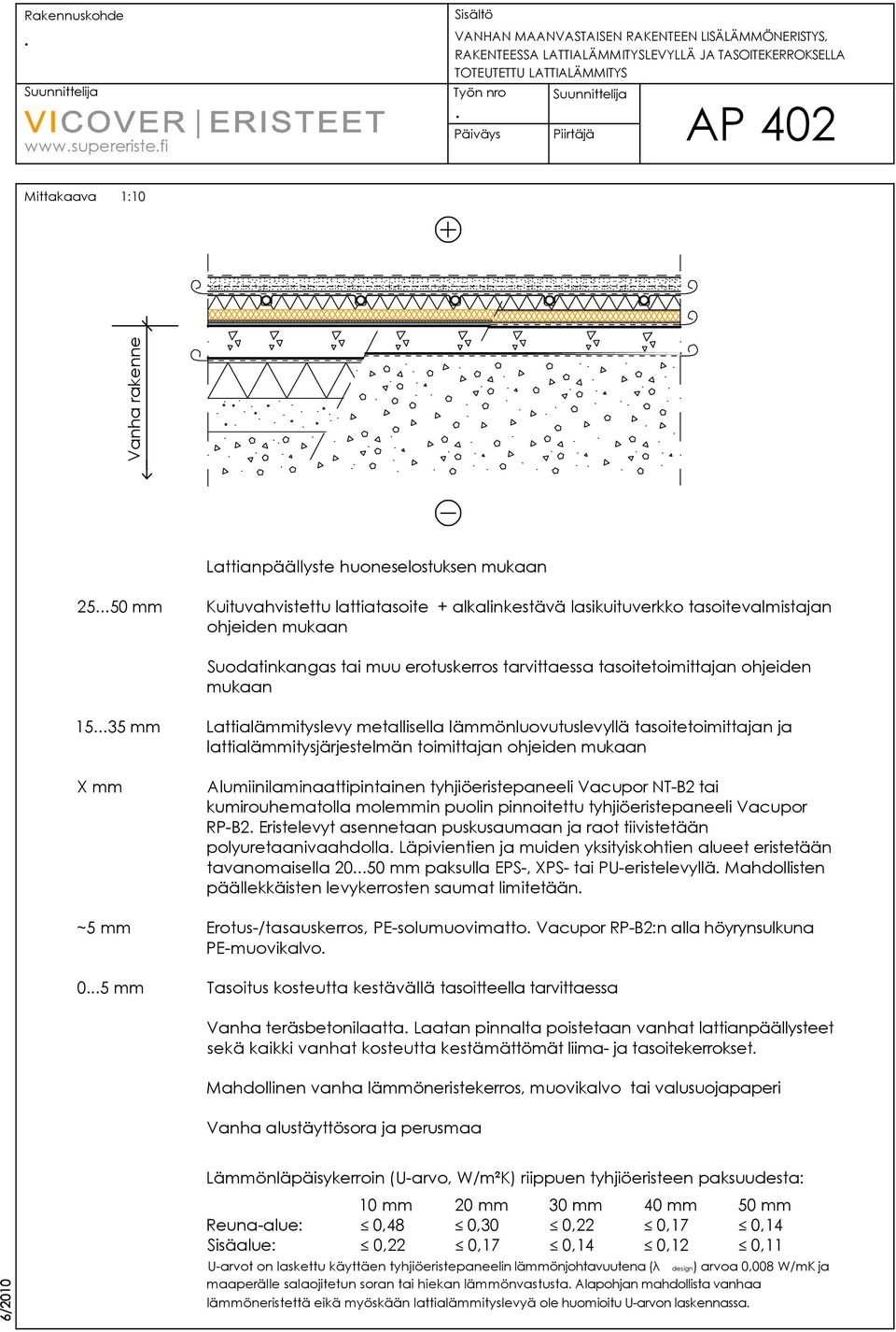 Lattialämmityslevy metallisella lämmönluovutuslevyllä tasoitetoimittajan ja lattialämmitysjärjestelmän toimittajan ohjeiden mukaan Alumiinilaminaattipintainen tyhjiöeristepaneeli Vacupor NT-B2 tai