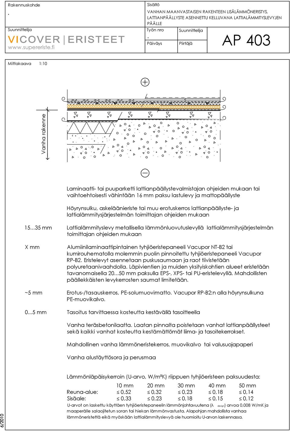ohjeiden mukaan 1535 mm Lattialämmityslevy metallisella lämmönluovutuslevyllä lattialämmitysjärjestelmän toimittajan ohjeiden mukaan Alumiinilaminaattipintainen tyhjiöeristepaneeli Vacupor NT-B2 tai