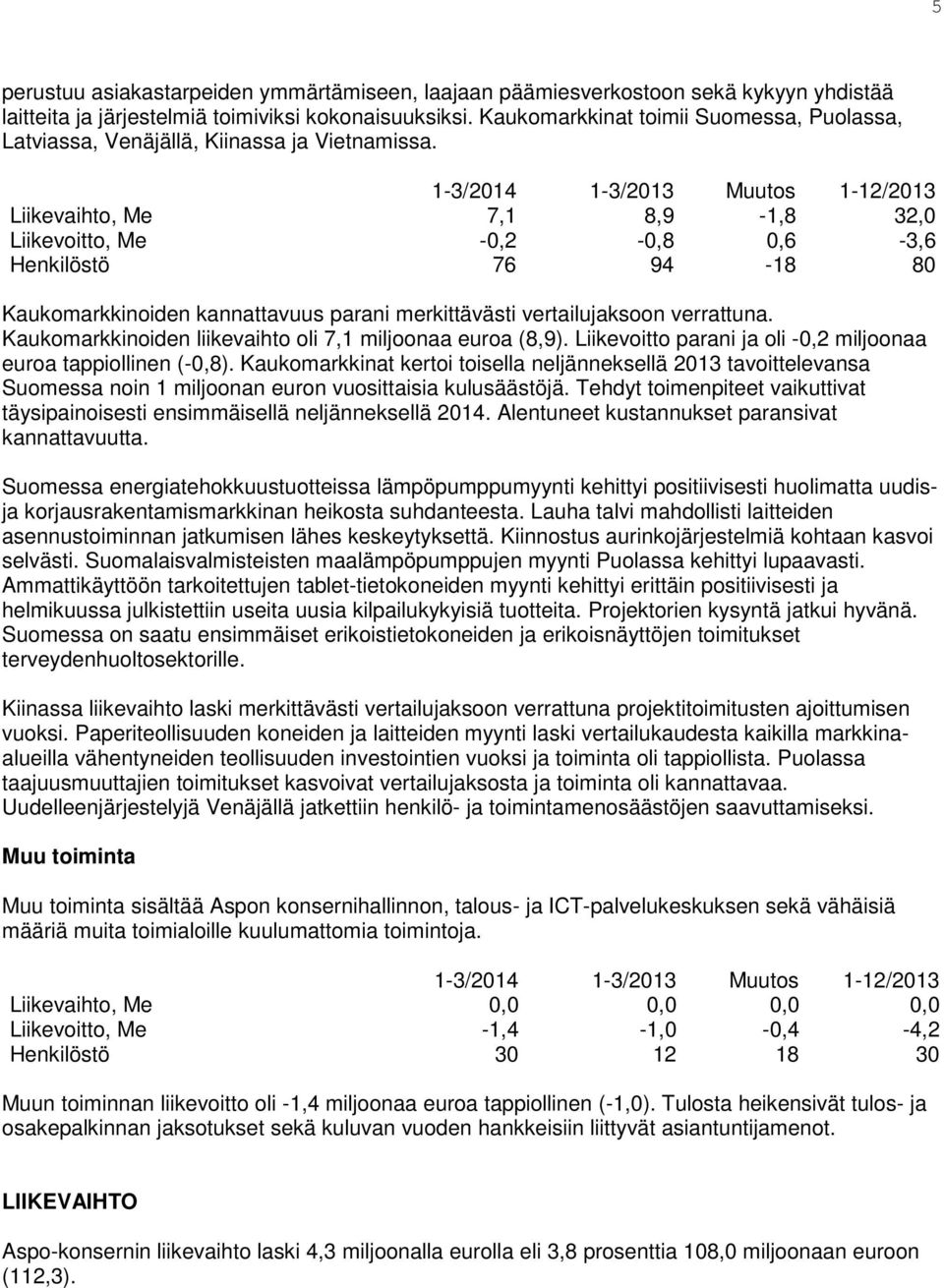 1-3/2014 1-3/2013 Muutos 1-12/2013 Liikevaihto, Me 7,1 8,9-1,8 32,0 Liikevoitto, Me -0,2-0,8 0,6-3,6 Henkilöstö 76 94-18 80 Kaukomarkkinoiden kannattavuus parani merkittävästi vertailujaksoon