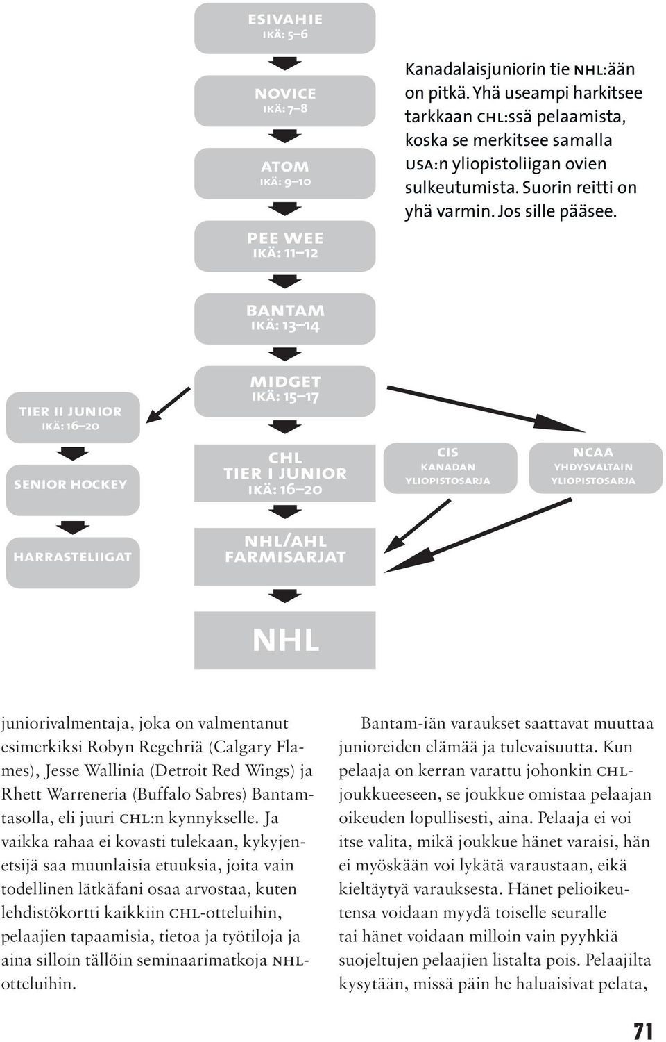 bantam ikä: 13 14 tier ii junior ikä: 16 20 midget ikä: 15 17 senior hockey chl tier i junior ikä: 16 20 cis kanadan yliopistosarja ncaa yhdysvaltain yliopistosarja harrasteliigat nhl/ahl farmisarjat