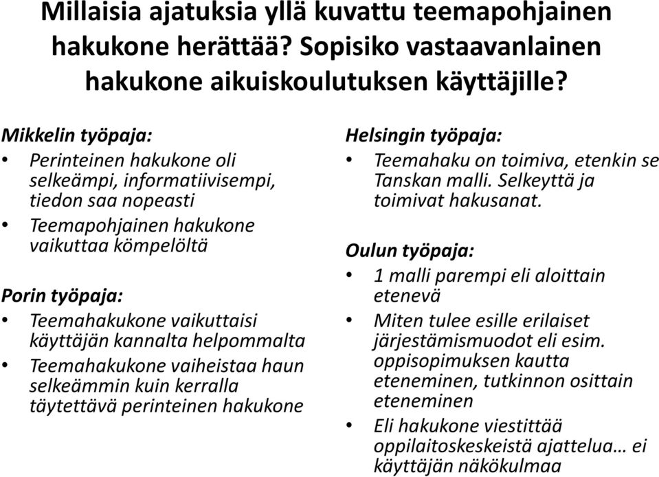 kannalta helpommalta Teemahakukone vaiheistaa haun selkeämmin kuin kerralla täytettävä perinteinen hakukone Helsingin työpaja: Teemahaku on toimiva, etenkin se Tanskan malli.
