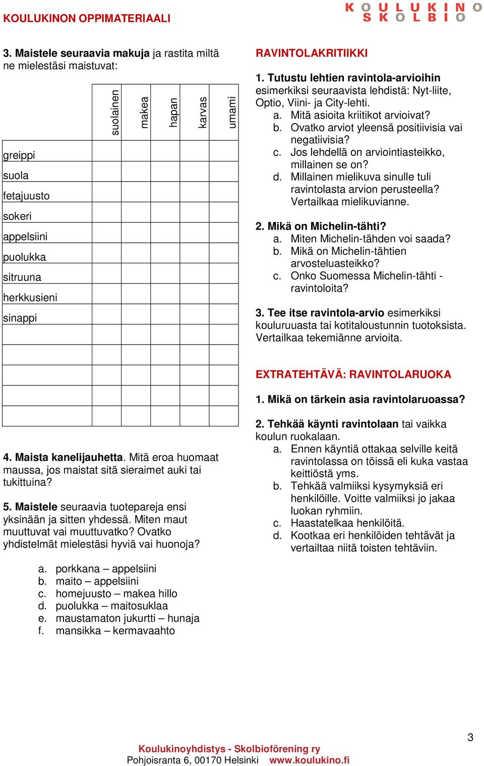 Ovatko arviot yleensä positiivisia vai negatiivisia? c. Jos lehdellä on arviointiasteikko, millainen se on? d. Millainen mielikuva sinulle tuli ravintolasta arvion perusteella?