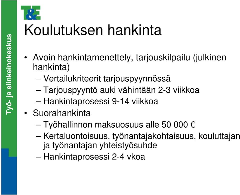 Hankintaprosessi 9-14 viikkoa Suorahankinta Työhallinnon maksuosuus alle 50 000