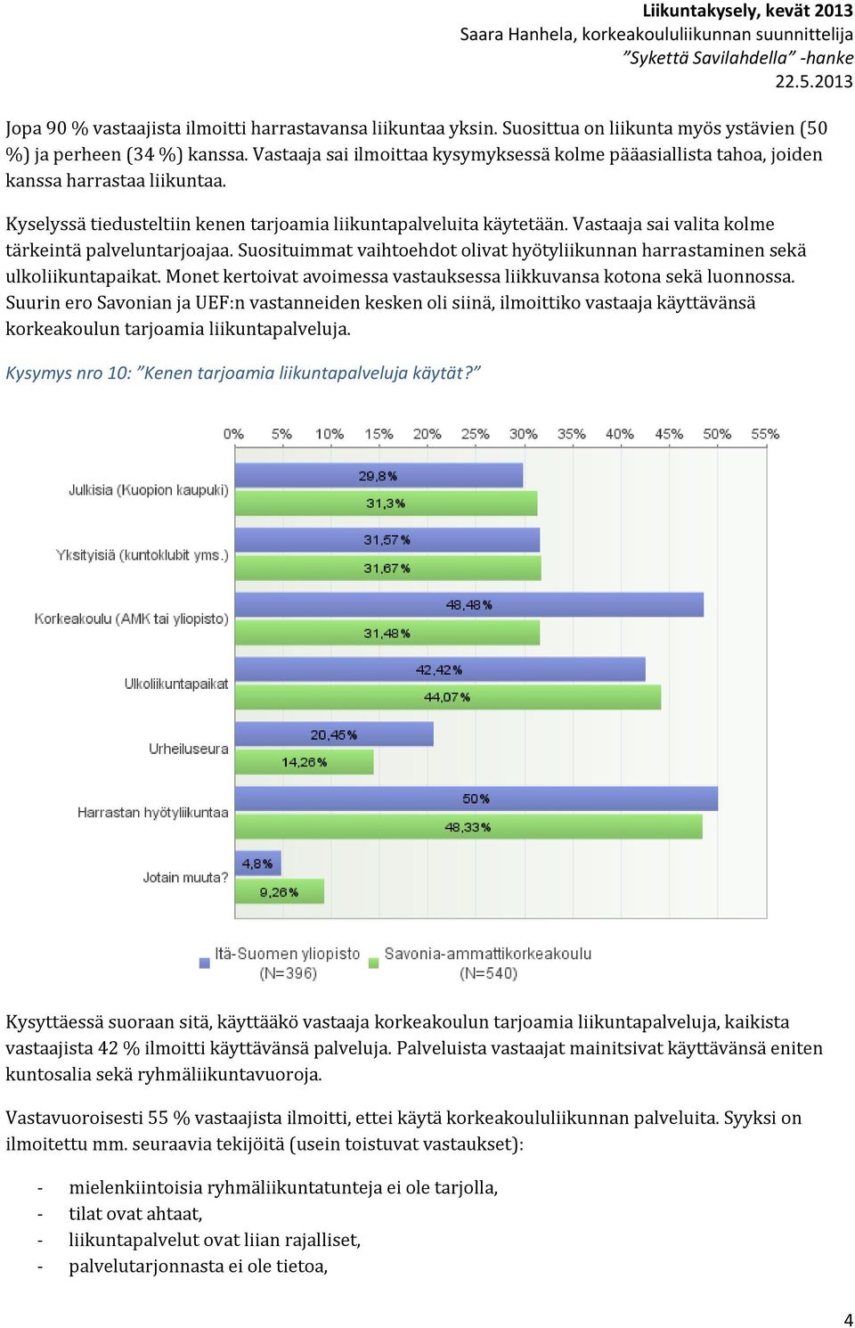 Vastaaja sai valita kolme tärkeintä palveluntarjoajaa. Suosituimmat vaihtoehdot olivat hyötyliikunnan harrastaminen sekä ulkoliikuntapaikat.