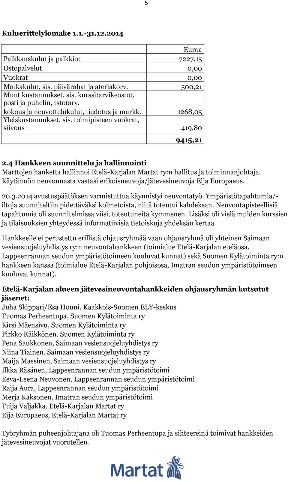 4 Hankkeen suunnittelu ja hallinnointi Marttojen hanketta hallinnoi Etelä-Karjalan Martat ry:n hallitus ja toiminnanjohtaja.