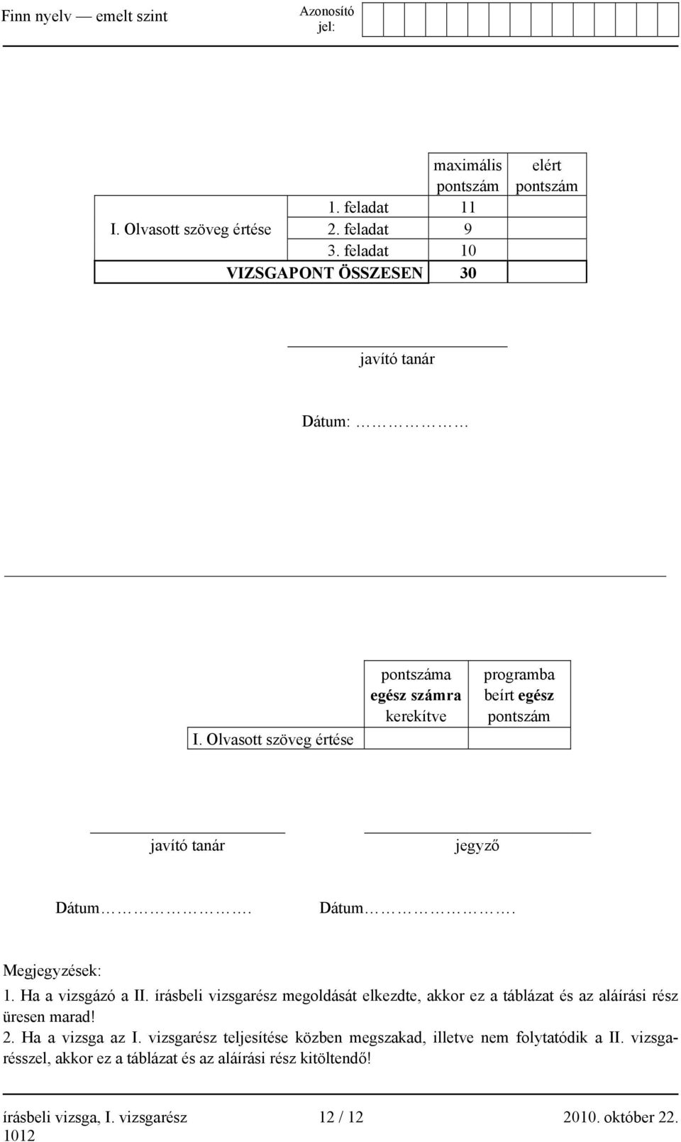 Ha a vizsgázó a II. írásbeli vizsgarész megoldását elkezdte, akkor ez a táblázat és az aláírási rész üresen marad! 2. Ha a vizsga az I.
