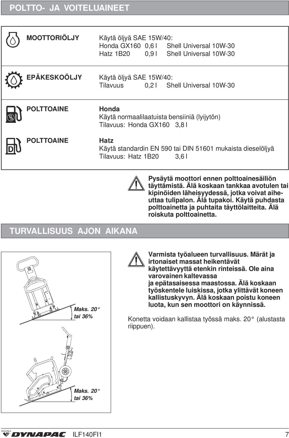 3,6 l Pysäytä moottori ennen polttoainesäiliön täyttämistä. Älä koskaan tankkaa avotulen tai kipinöiden läheisyydessä, jotka voivat aiheuttaa tulipalon. Älä tupakoi.