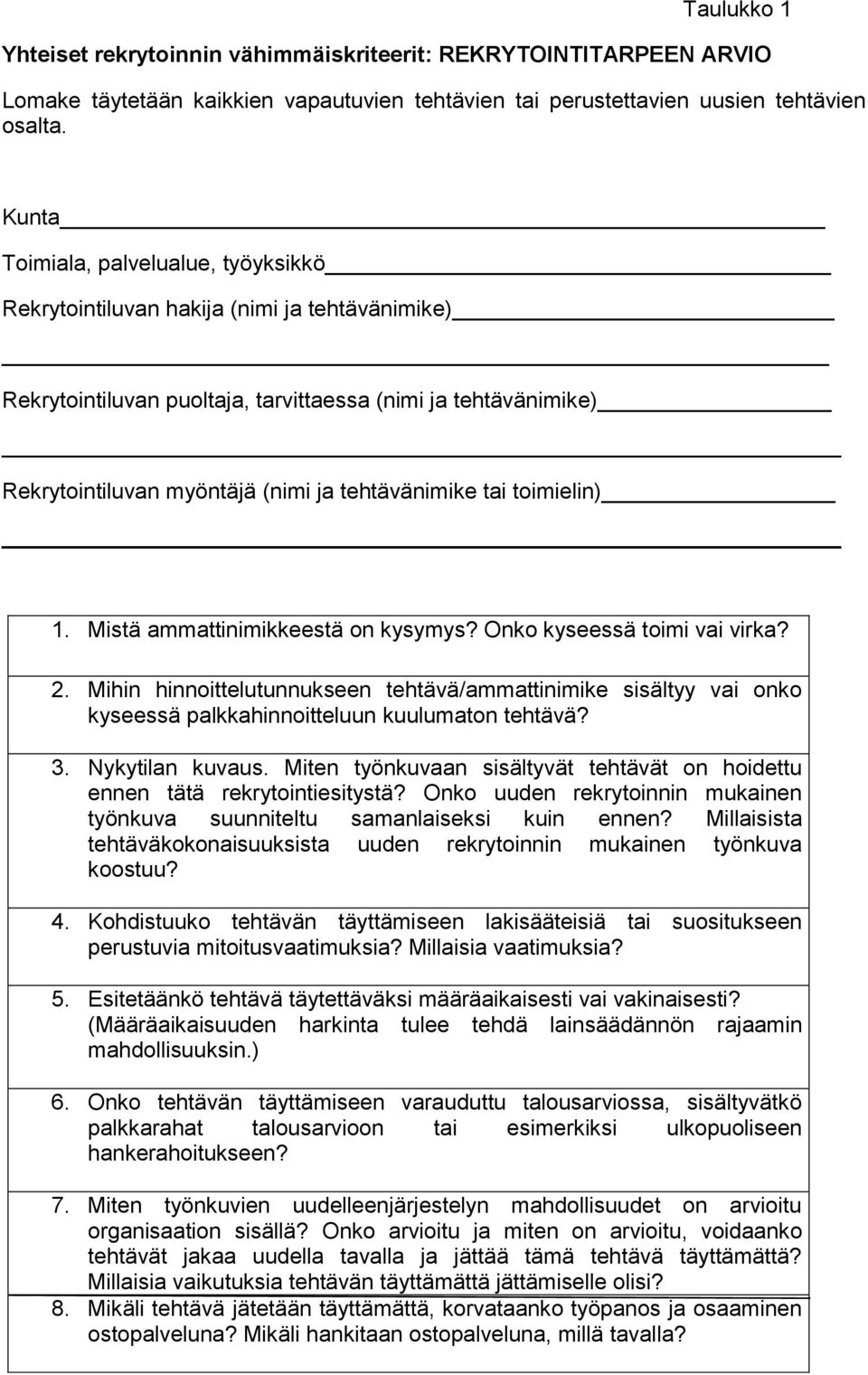 tehtävänimike tai toimielin) 1. Mistä ammattinimikkeestä on kysymys? Onko kyseessä toimi vai virka? 2.