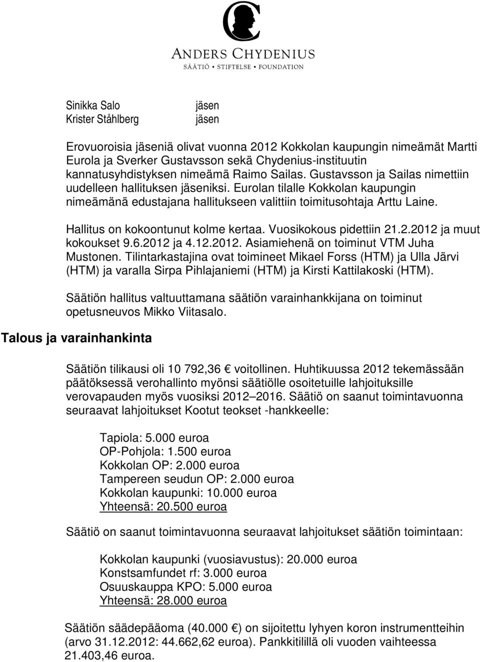 Hallitus on kokoontunut kolme kertaa. Vuosikokous pidettiin 21.2.2012 ja muut kokoukset 9.6.2012 ja 4.12.2012. Asiamiehenä on toiminut VTM Juha Mustonen.