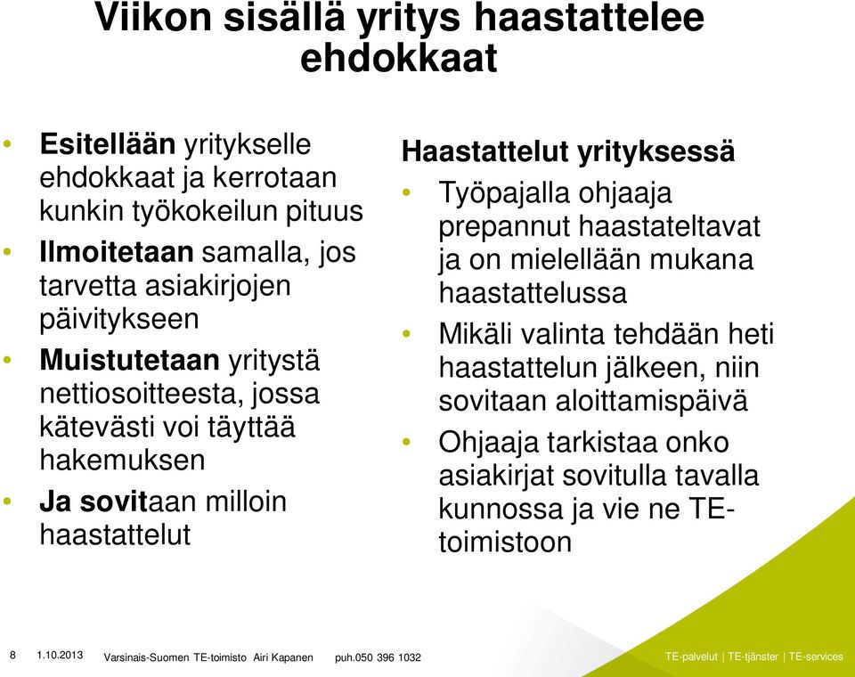 haastattelut Haastattelut yrityksessä Työpajalla ohjaaja prepannut haastateltavat ja on mielellään mukana haastattelussa Mikäli valinta