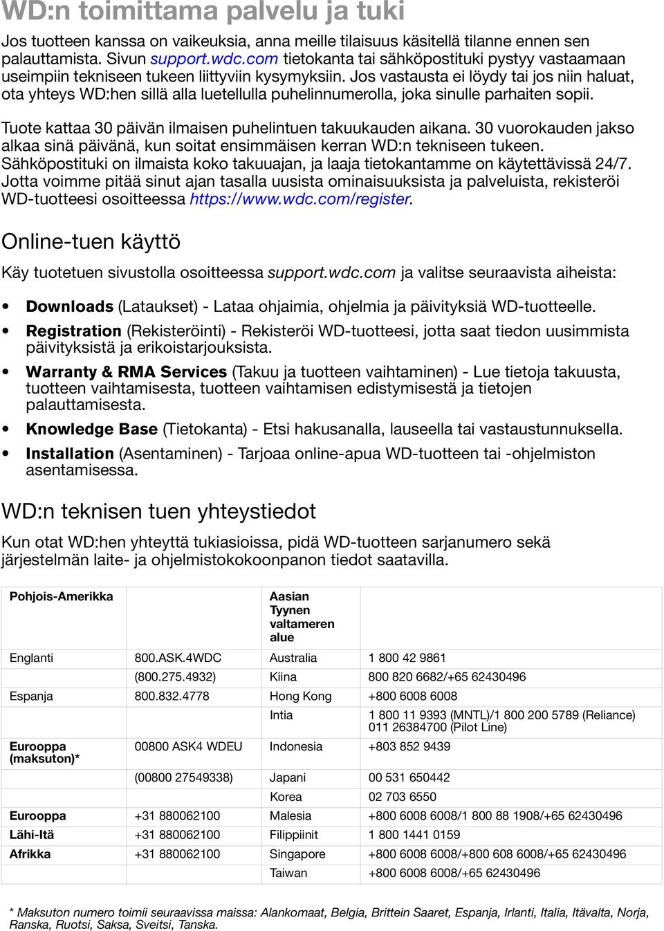 Jos vastausta ei löydy tai jos niin haluat, ota yhteys WD:hen sillä alla luetellulla puhelinnumerolla, joka sinulle parhaiten sopii. Tuote kattaa 30 päivän ilmaisen puhelintuen takuukauden aikana.