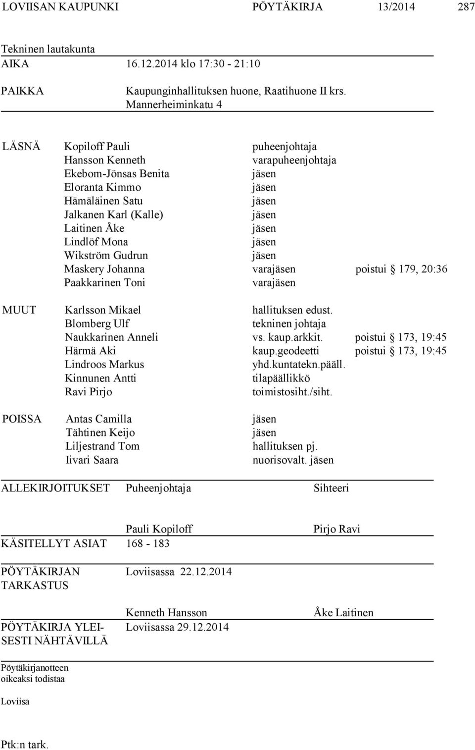 jäsen Lindlöf Mona jäsen Wikström Gudrun jäsen Maskery Johanna varajäsen poistui 179, 20:36 Paakkarinen Toni varajäsen MUUT Karlsson Mikael hallituksen edust.