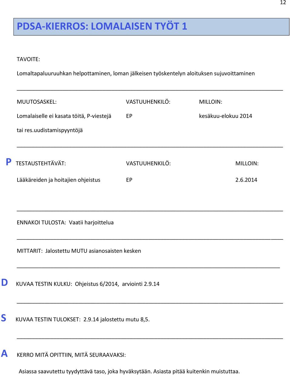 uudistamispyyntöjä P TESTAUSTEHTÄVÄT: VASTUUHENKILÖ: MILLOIN: Lääkäreiden ja hoitajien ohjeistus EP 2.6.