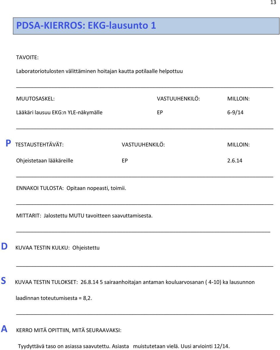 MITTARIT: Jalostettu MUTU tavoitteen saavuttamisesta. D KUVAA TESTIN KULKU: Ohjeistettu S KUVAA TESTIN TULOKSET: 26.8.