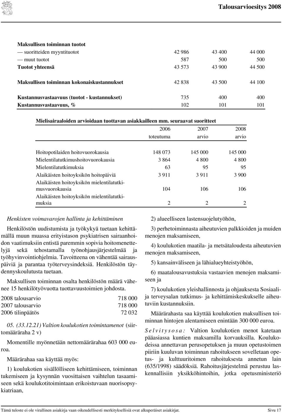 seuraavat suoritteet 2006 2007 2008 toteutuma arvio arvio Hoitopotilaiden hoitovuorokausia 148 073 145 000 145 000 Mielentilatutkimushoitovuorokausia 3 864 4 800 4 800 Mielentilatutkimuksia 63 95 95