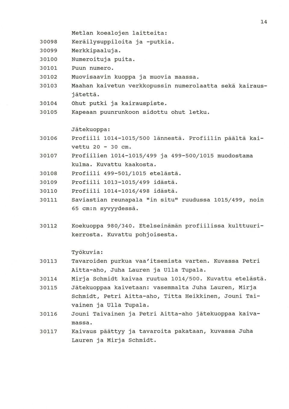 30106 30107 30108 30109 30110 30111 Jätekuoppa: Profiili 1014-1015/500 lännestä. Profiilin päältä kaivettu 20-30 cm. Profiilien 1014-1015/499 ja 499-500/1015 muodostama kulma. Kuvattu kaakosta.