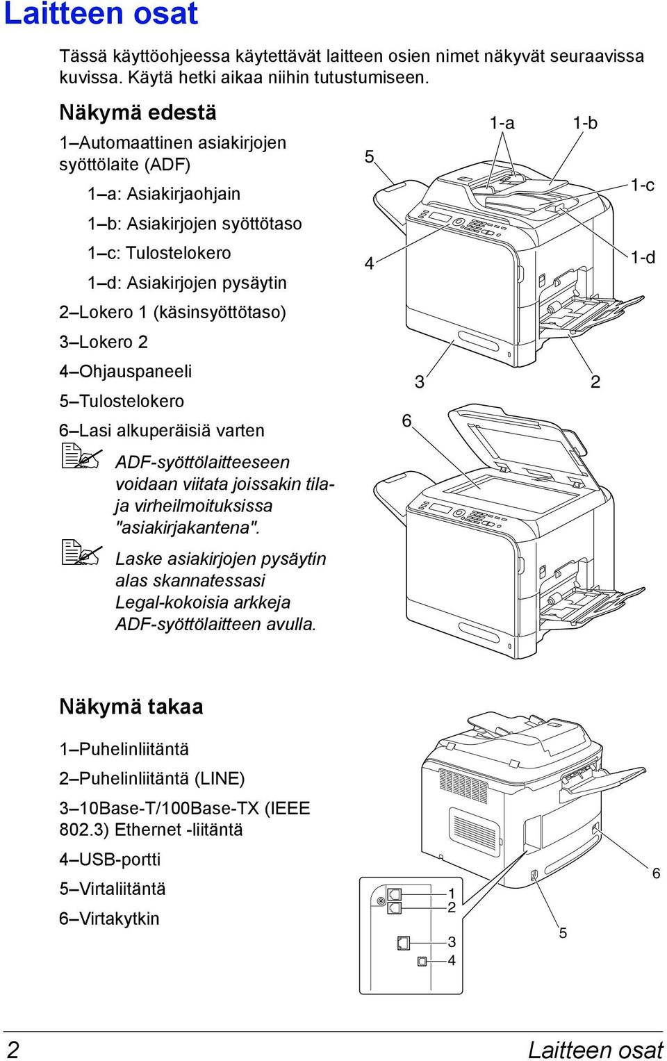 4 Ohjauspaneeli 5 Tulostelokero 6 Lasi alkuperäisiä varten ADF-syöttölaitteeseen voidaan viitata joissakin tilaja virheilmoituksissa "asiakirjakantena".