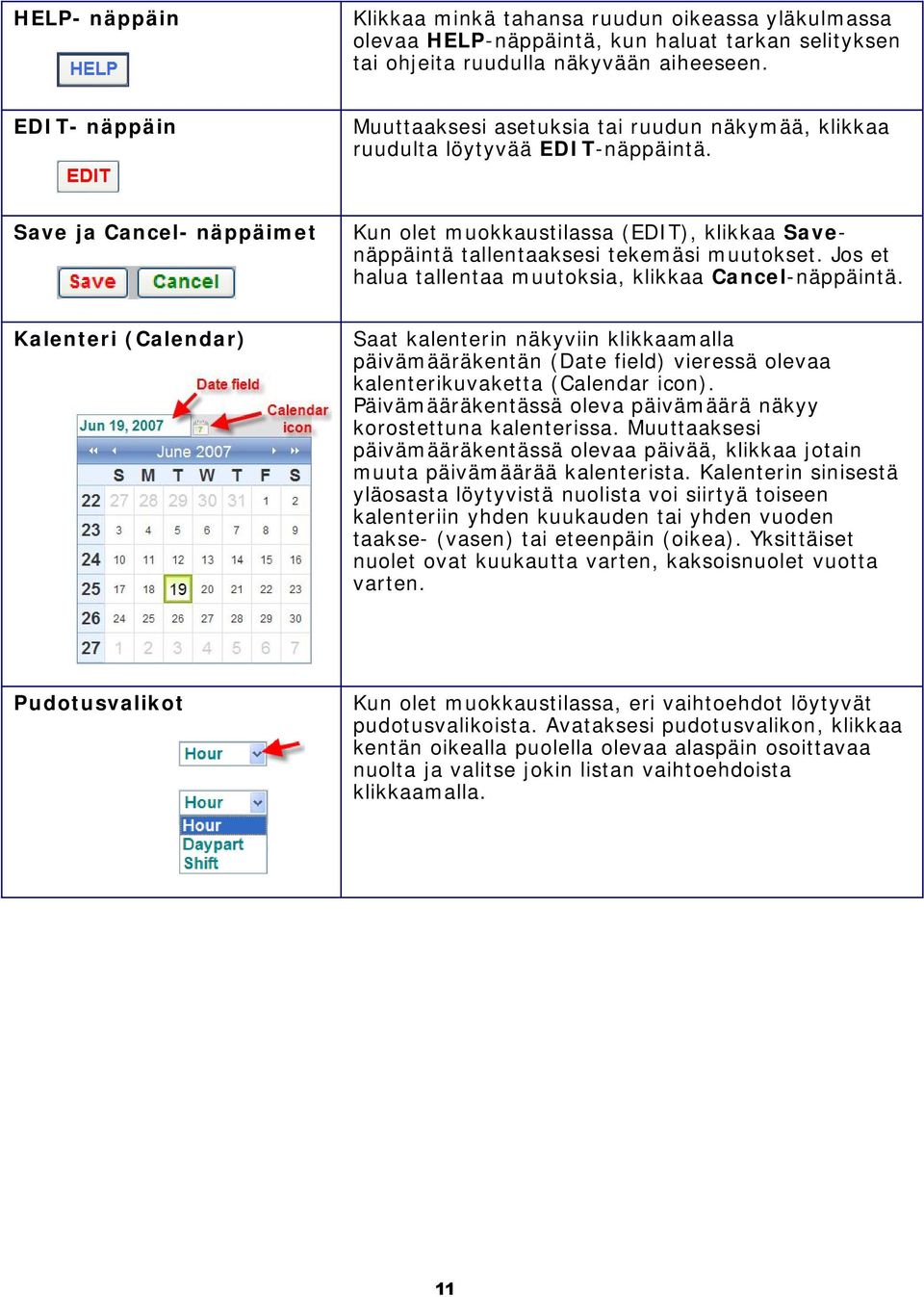 Save ja Cancel- näppäimet Kun olet muokkaustilassa (EDIT), klikkaa Savenäppäintä tallentaaksesi tekemäsi muutokset. Jos et halua tallentaa muutoksia, klikkaa Cancel-näppäintä.