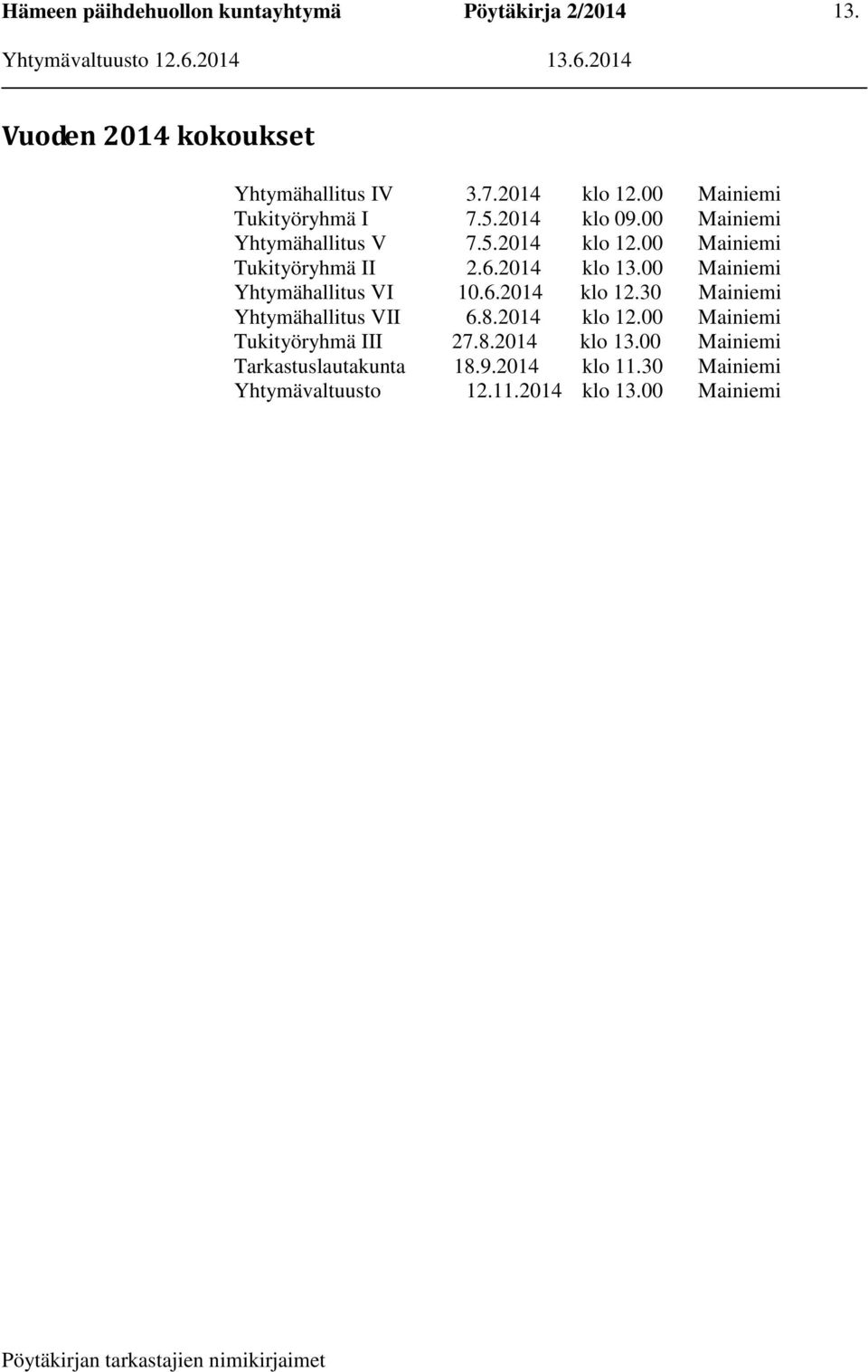 00 Mainiemi Yhtymähallitus VI 10.6.2014 klo 12.30 Mainiemi Yhtymähallitus VII 6.8.2014 klo 12.00 Mainiemi Tukityöryhmä III 27.