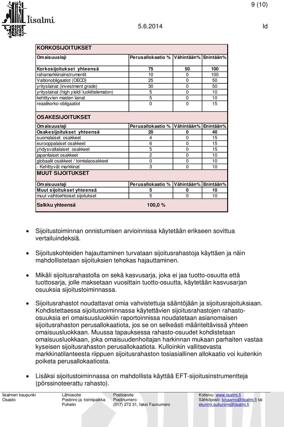 Enintään% Osakesijoitukset yhteensä 20 0 40 suomalaiset osakkeet 4 0 15 eurooppalaiset osakkeet 6 0 15 yhdysvaltalaiset osakkeet 5 0 15 japanilaiset osakkeet 2 0 10 globaalit osakkeet /