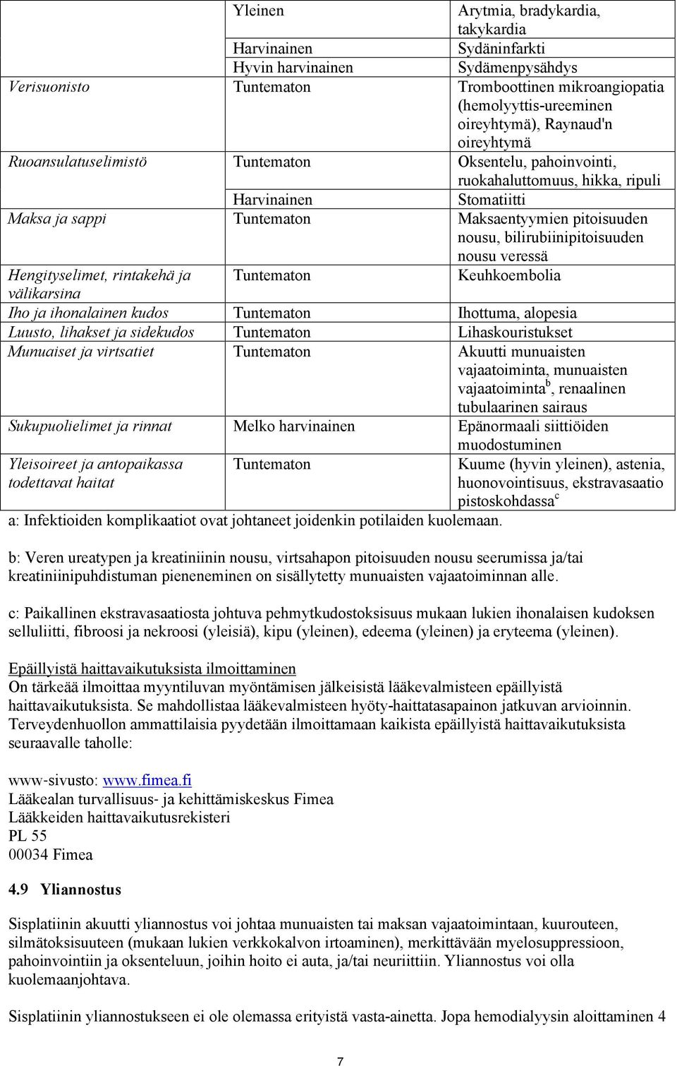 bilirubiinipitoisuuden nousu veressä Hengityselimet, rintakehä ja Tuntematon Keuhkoembolia välikarsina Iho ja ihonalainen kudos Tuntematon Ihottuma, alopesia Luusto, lihakset ja sidekudos Tuntematon