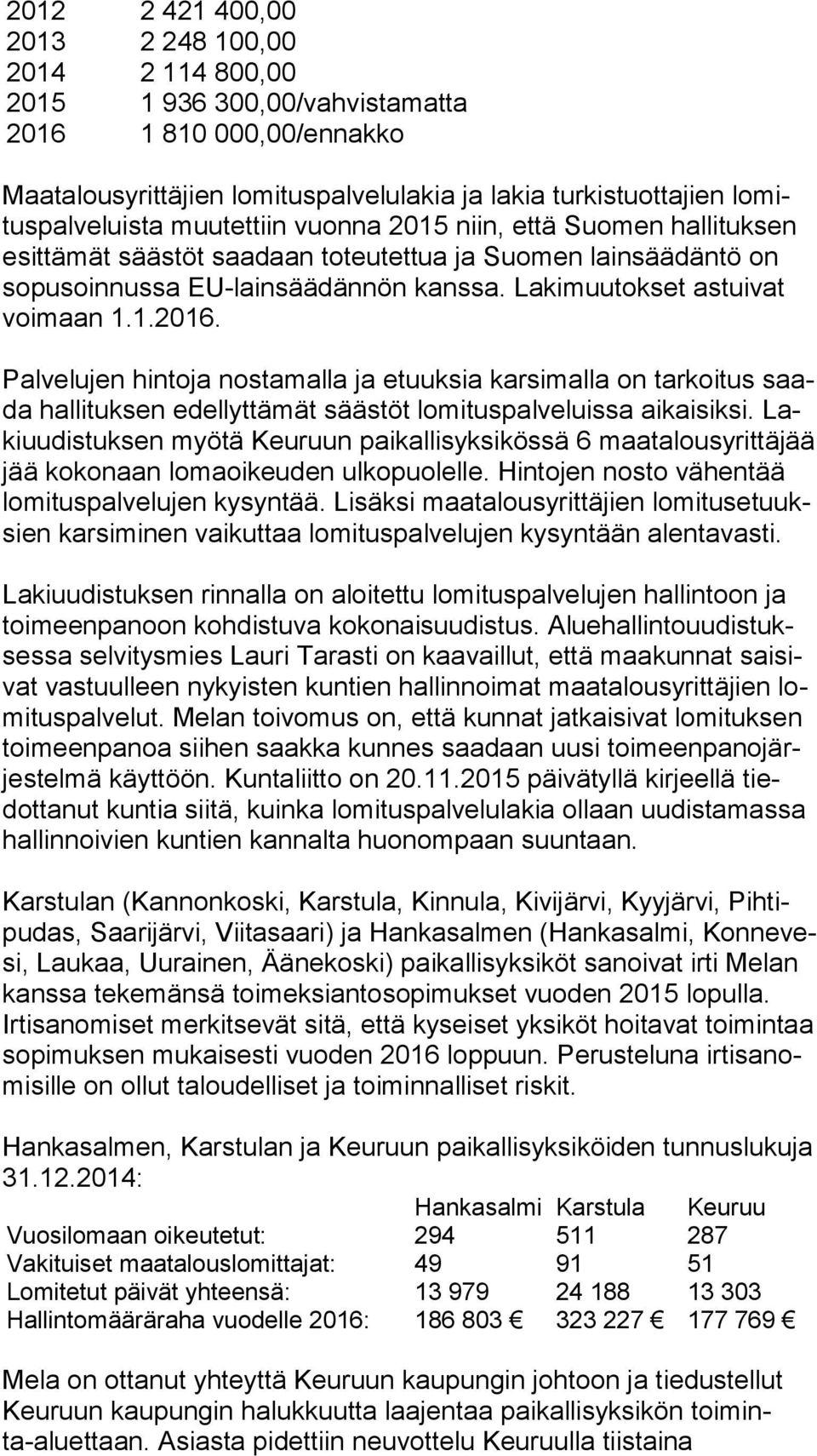 1.2016. Palvelujen hintoja nostamalla ja etuuksia karsimalla on tarkoitus saada hallituksen edellyttämät säästöt lomituspalveluissa aikaisiksi.